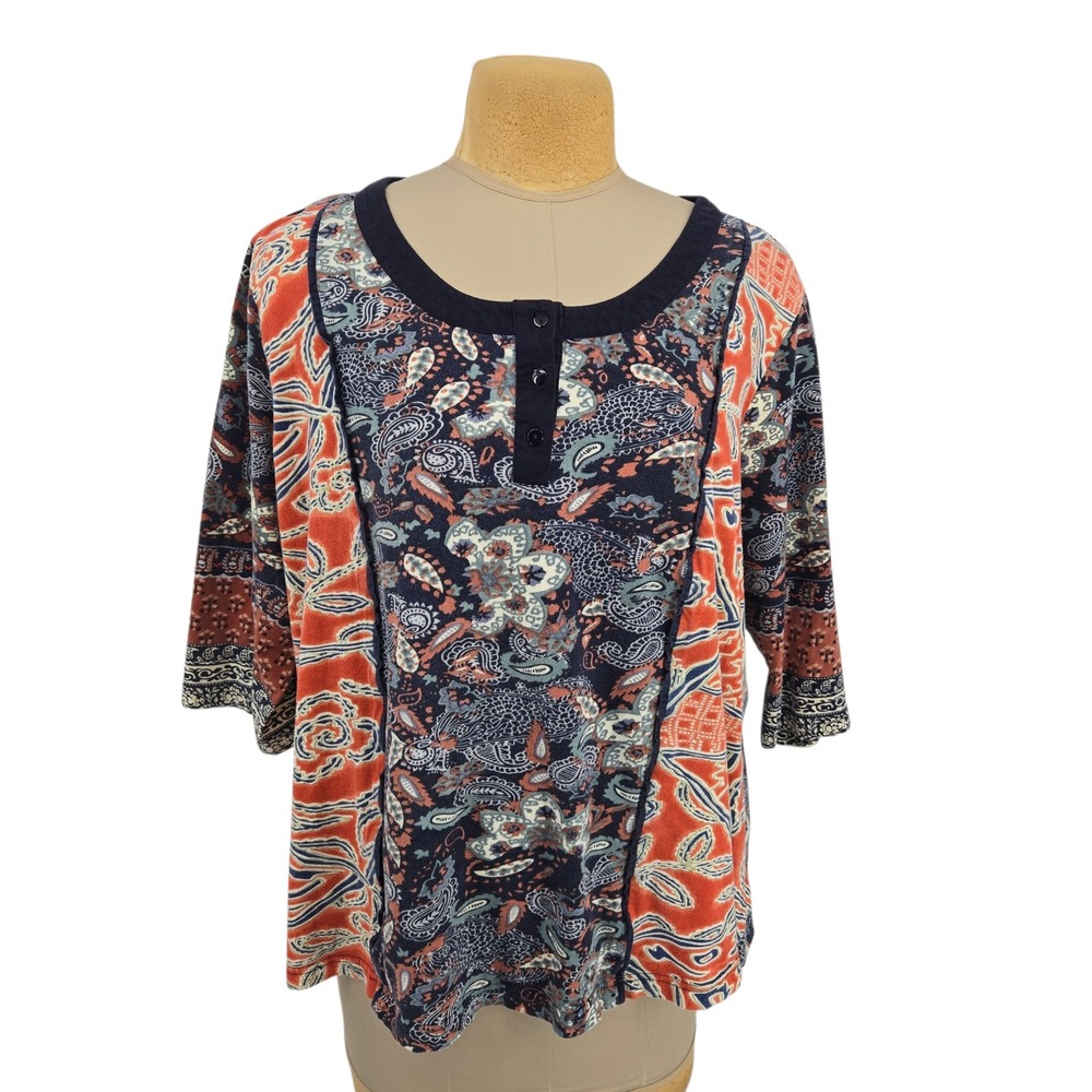 Ulla Popken Henley Top 20/22 Paisley Floral 3/4 Sleeve Mixed Print Eclectic Boho